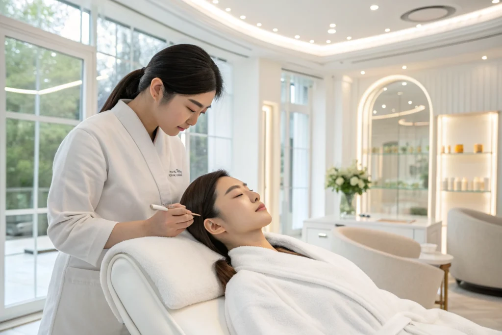 Femme recevant un soin du visage K-beauty dans un institut moderne à Séoul